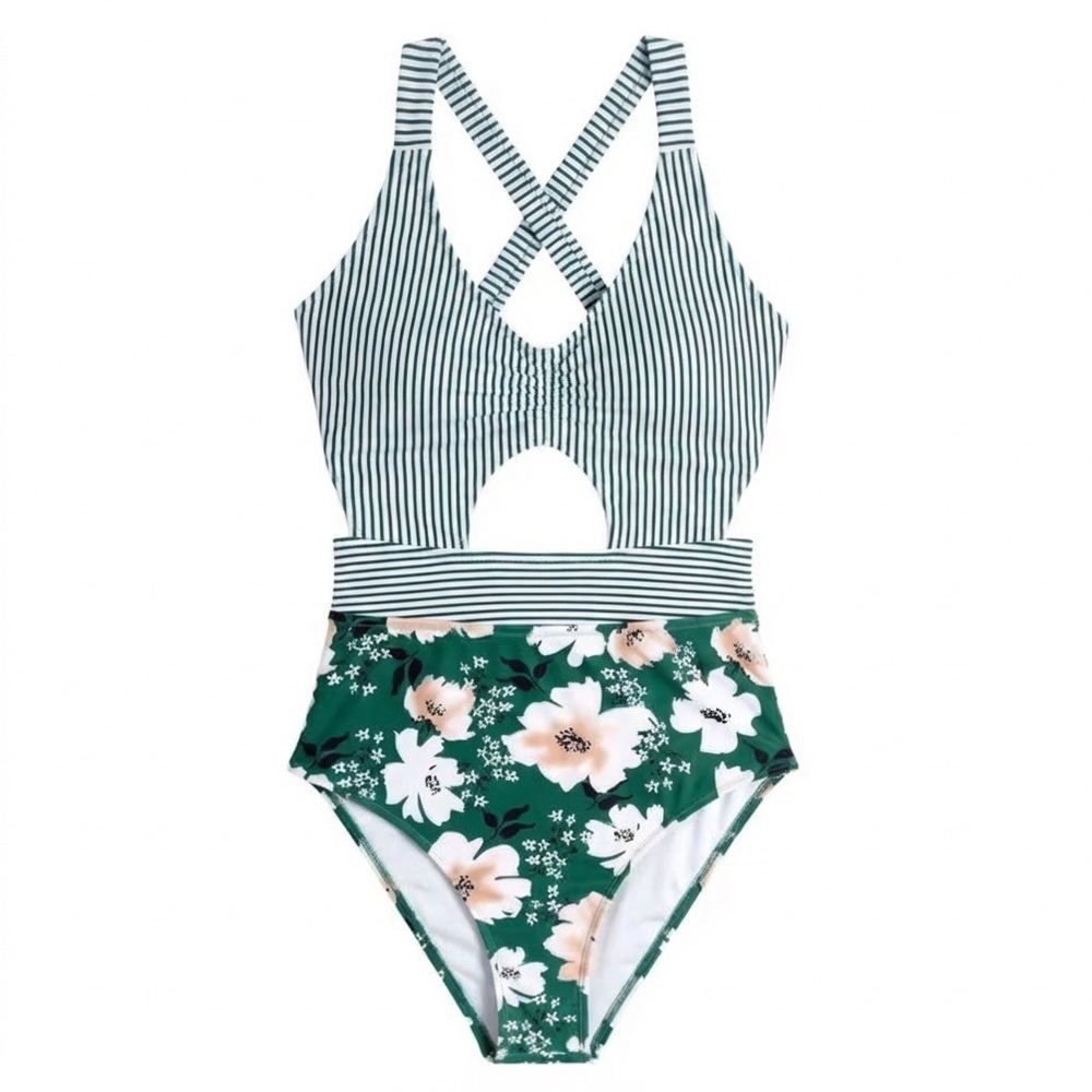 BEACHSISSI . Floral and Green Stripe One-Piece Swimsuit
